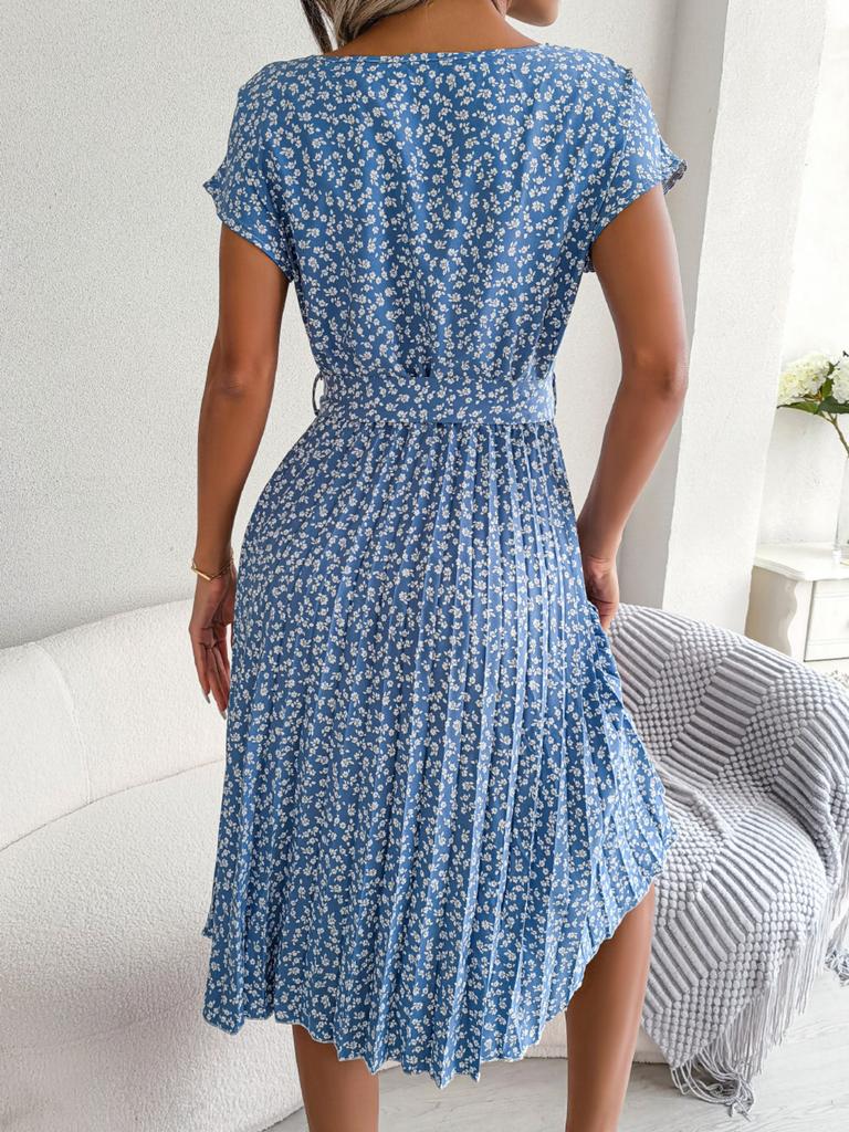 O Neck Printed Dress Waist Hugging Elegant Dress for Women Short Sleeve Loose Dresses Causal Dress