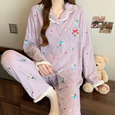 Printemps et Automne Nouveaux Pyjamas en Coton Imitation pour Femmes Doux Filles Lapin Manches Longues Vêtements d'Intérieur Ensemble Deux Pièces Violet Taro Blanc