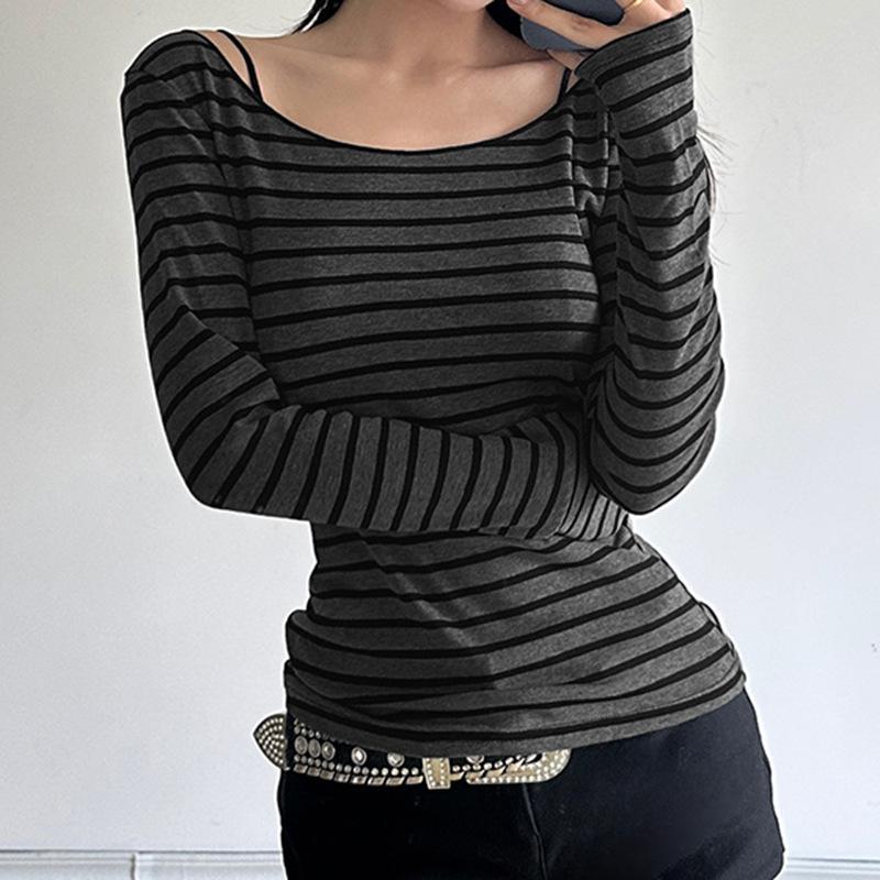 Europäische und amerikanische lässige Damenbekleidung Frühling und Herbst neues gestreiftes großes Rundhals-Oberteil Spice Girl leichte Bluse lässiges Langarm-T-Shirt