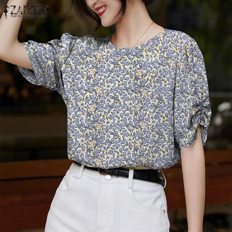 ZANZEA Women Casual Round Neck Short Sleeve Floral Print Blouse