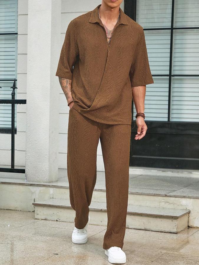 2024 Men's Casual Two-Piece Commuter Suit: Solid Short-Sleeve Shirt & Trousers