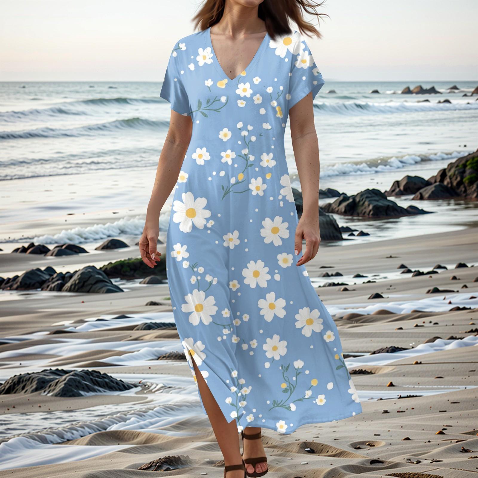 

Женское летнее цветочное платье с коротким рукавом, пляжное платье с карманами, повседневное платье-футболка с V-образным вырезом и разрезом, длинное платье для путешествий и отпуска XXXL