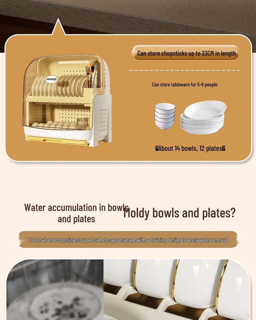 Plastic Kitchen Bowl and Chopstick Storage Rack with Lid for Tableware Draining