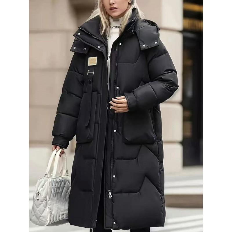 Womens Hooded Cotton-Padded Coat Mid-Length Warm Outerwear Fall Winter 2026 Casual Korean Style