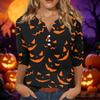 Women's Casual Halloween Printed V Neck Short Sleeve Button Decor Three Quarter Sleeve T Shirt Top Lightweight Comfortable Fit