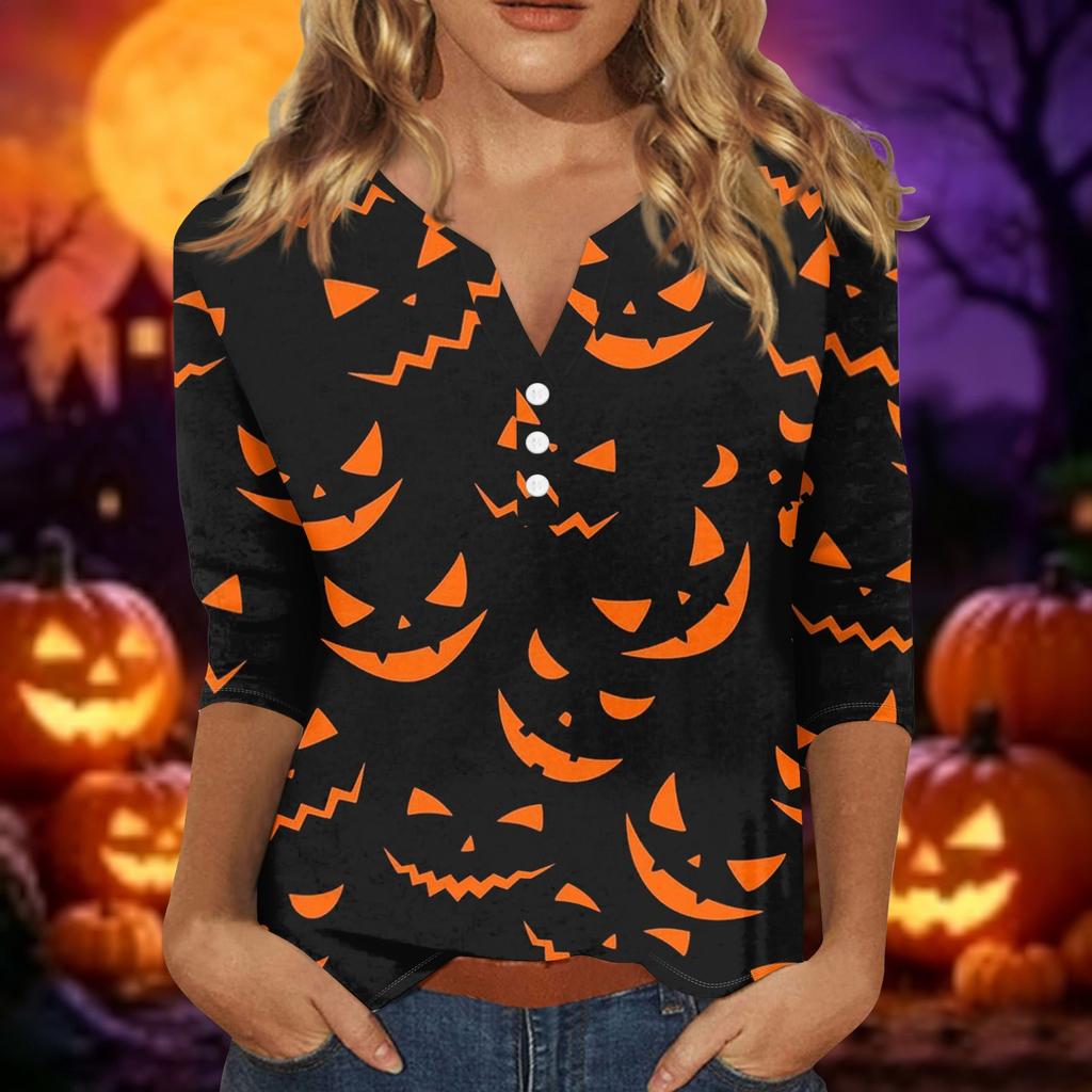 Women's Casual Halloween Printed V Neck Short Sleeve Button Decor Three Quarter Sleeve T Shirt Top Lightweight Comfortable Fit
