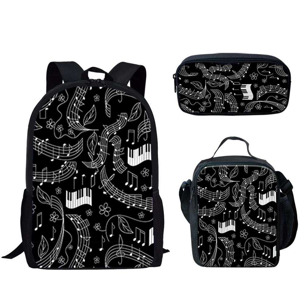 Klassiek Populair Piano Toetsenbord Muzieknoten 3D Print 3 stuks/Set leerling Schooltassen Laptop Dagrugzak Rugzak Lunchtas Etui