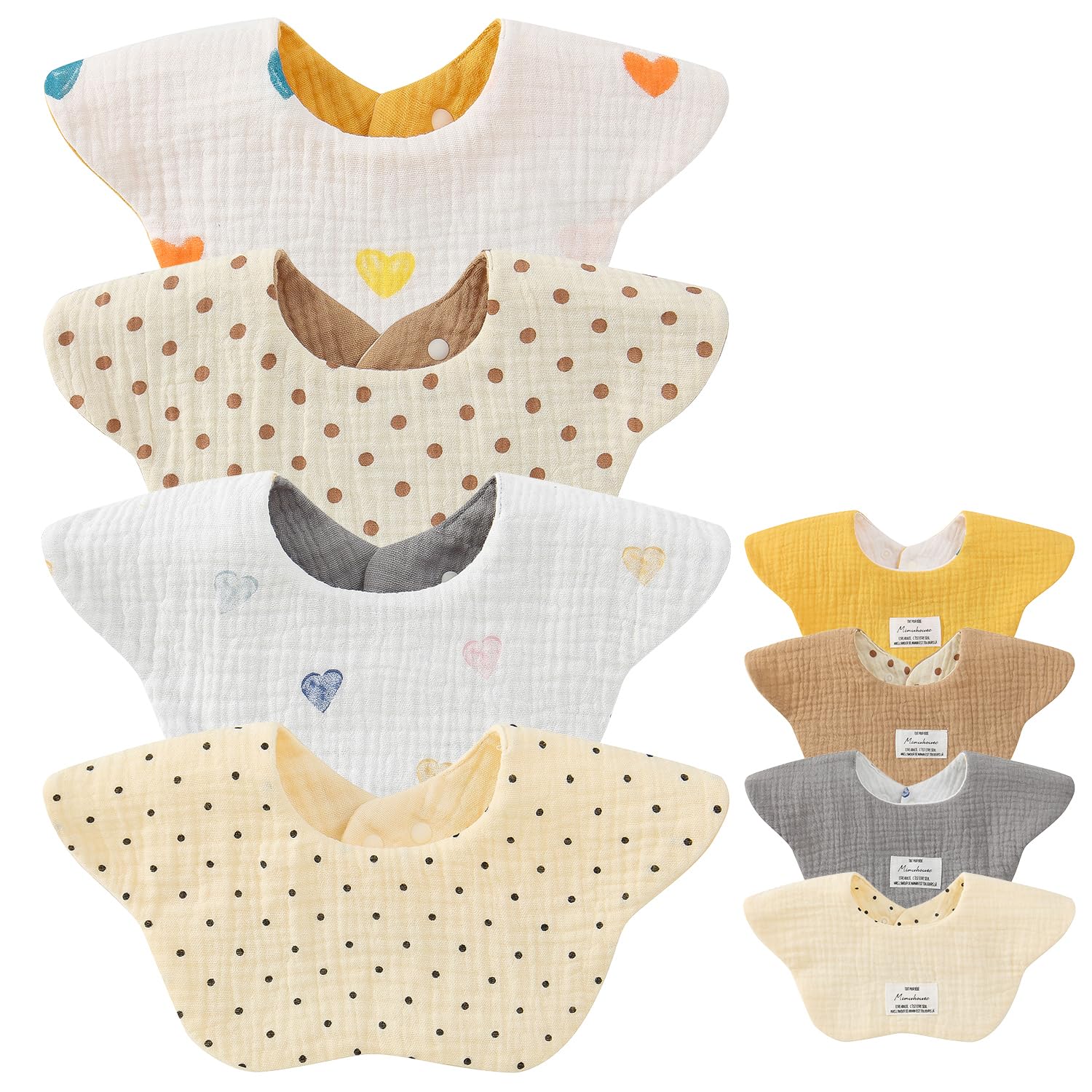 Baby Adjustable Flower Petal Solid Feeding Heart Dot Baby Pregnancy Nursery [Comfort U] Bibs, 4-Piece Set, 100% Cotton, 6-Layer Gauze, Soft,