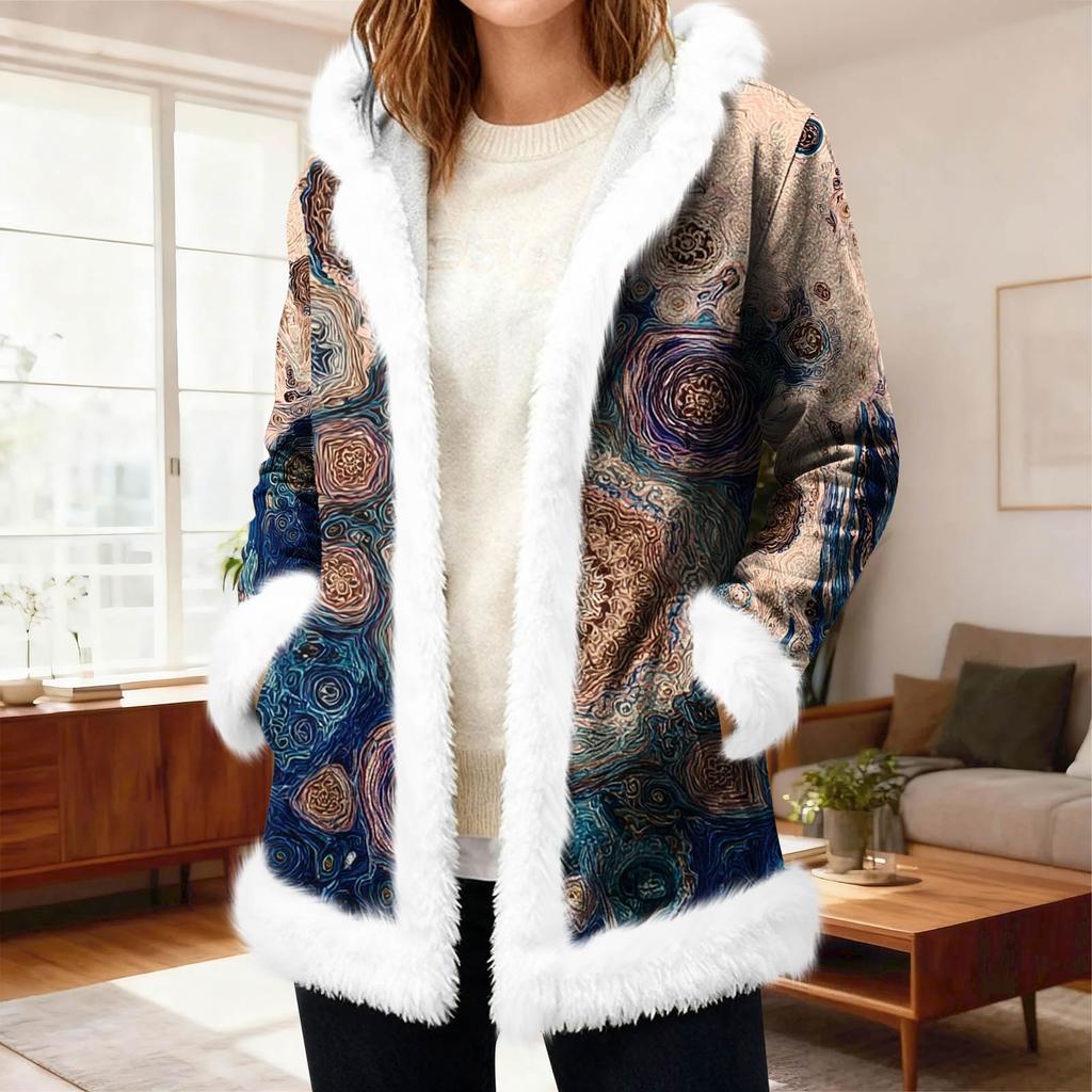 Lässiger Damen-Fleece-Kapuzen-Cardigan mit Taschen Warme Oberbekleidung