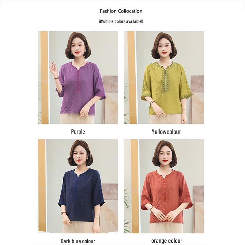 Stylish Plus Size Cotton & Linen Summer Top for Middle-Aged and Elderly Women