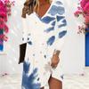Damen Übergröße V-Ausschnitt Langarm Batik Druck Blau Weiß A-Linien-Kleid