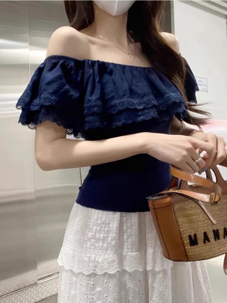 2025 New Style One-shoulder Lace Panel Short Sleeve T-shirt Women Summer Fit Design Off Shoulder Elegant Clothing