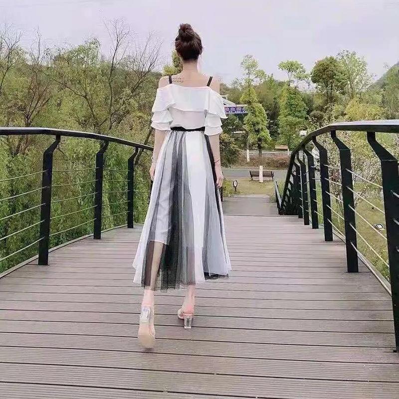 WTEMPO Dámské síťované sukně Jaro Léto Elegantní tylová sukně Dámská elastická s vysokým pasem Dlouhé skládané sukně Dvoubarevná panelová tutu sukně