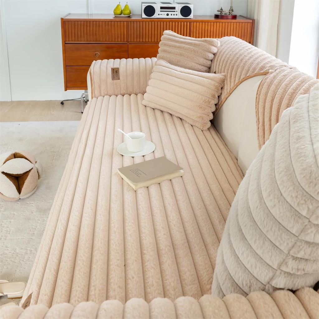 Vinter Varm Stripe Tykke Immitasjon Kaninpels Plysj Sofatrekk Sklisikker Sofa Pute Sklitrekk Håndkle Stue Sofa Teppe L-formet Sofa Cove
