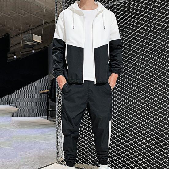 Sport  Suit Contrast Colors Hooded Drawstring Cardigan Ankle Banded Pants Suit for Daily Wear