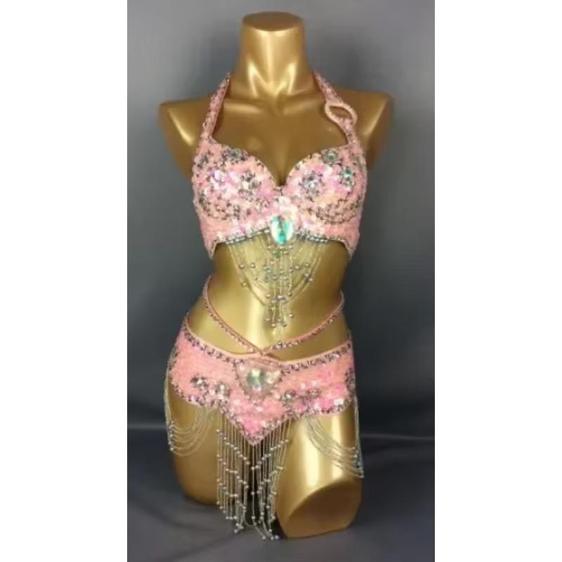 Hot Selling Women Beaded Sequins Belly Dancing Suite Belt+Bra Samba Costumes Club USA Bra Size 34B,36B,38B,40B,34D,36D,38D,40D