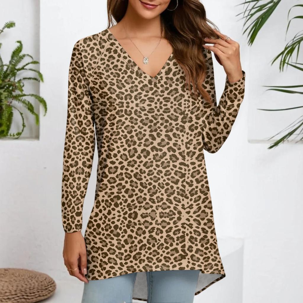 Women's Casual Leopard Print Long Sleeve V Neck Tunic T-Shirt
