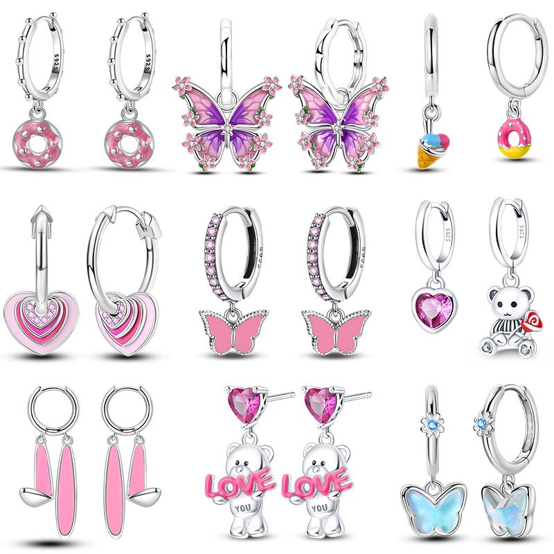 Women's 925 Silver Teddy Bear Rabbit Donut Pink Theme Sweet Romantic Priginal Design Earrings Engagement Party Exquisite Jewelry