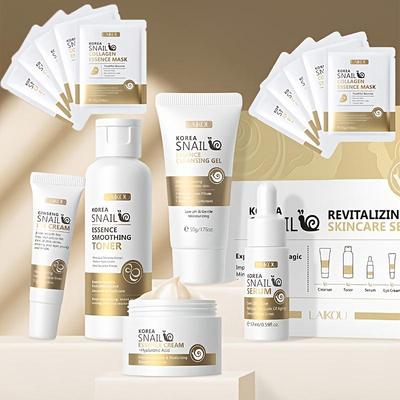 Snail Skin Care 5pcs Set + Snail Mask 10pcs Facial Care Brightening Skin Care Products, Suitable for Daily Use Care, Skin Supple and Elastic