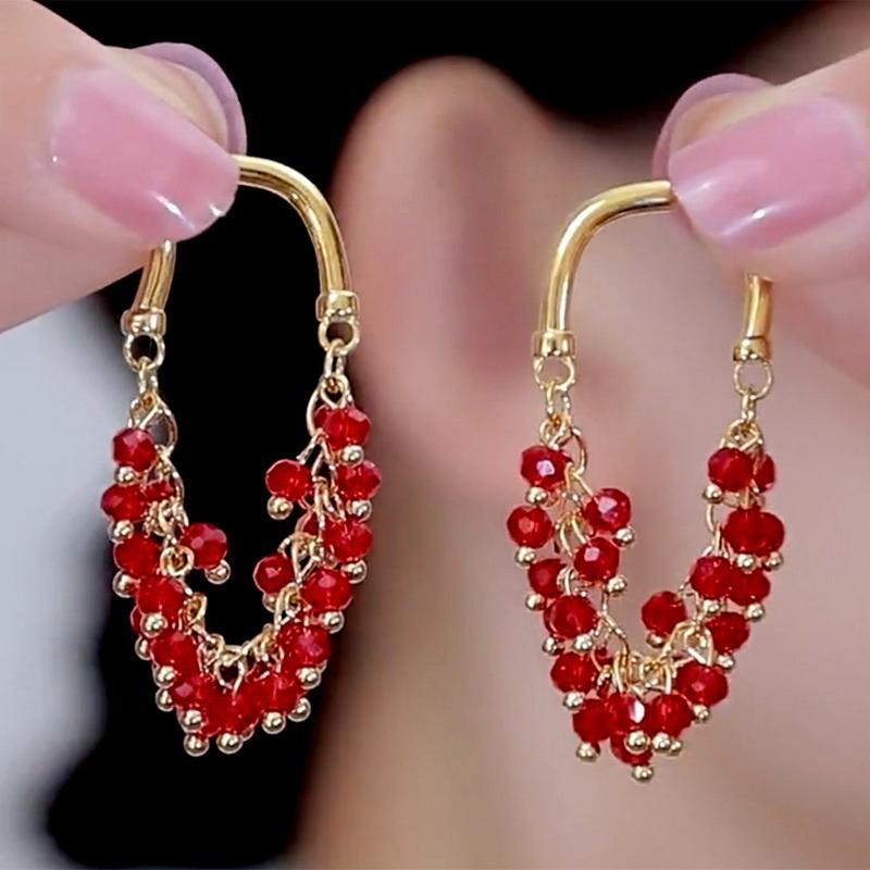 

New Design Sense Red Crystal Beaded Pendant Tassel Earrings for Women Exquisite Light Luxury Unique Personalized Earring Jewelry