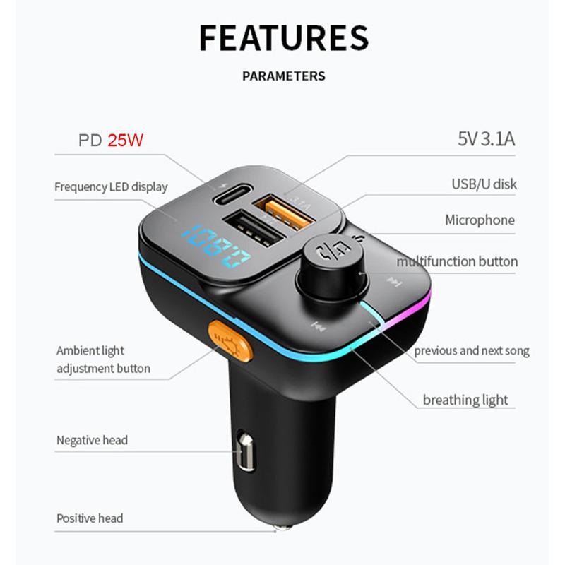 Car Fast Charge Bluetooth 5.0 FM Transmitter Dual USB Type C Player Music Handsfree with Color Aperture For IPhone Huawei Xiaomi