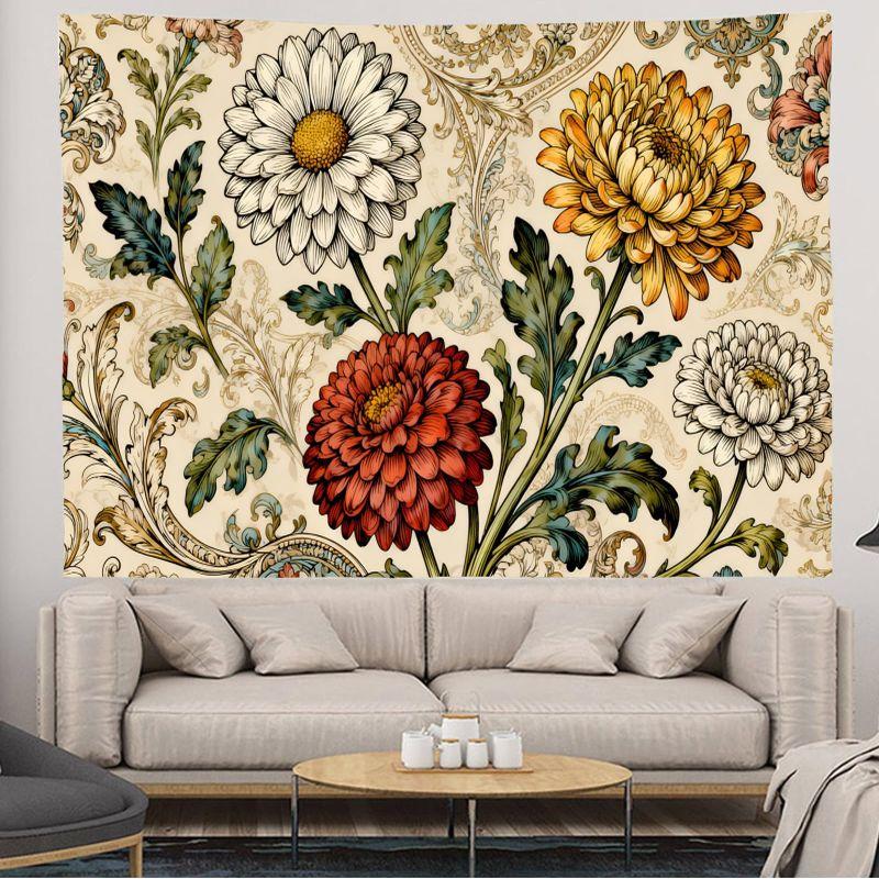 Retro Daisy Chrysanthemum Tapestry, Baroque Flower Wall Hanging, Vintage Botanical Wall Decor for Bedroom Living Room