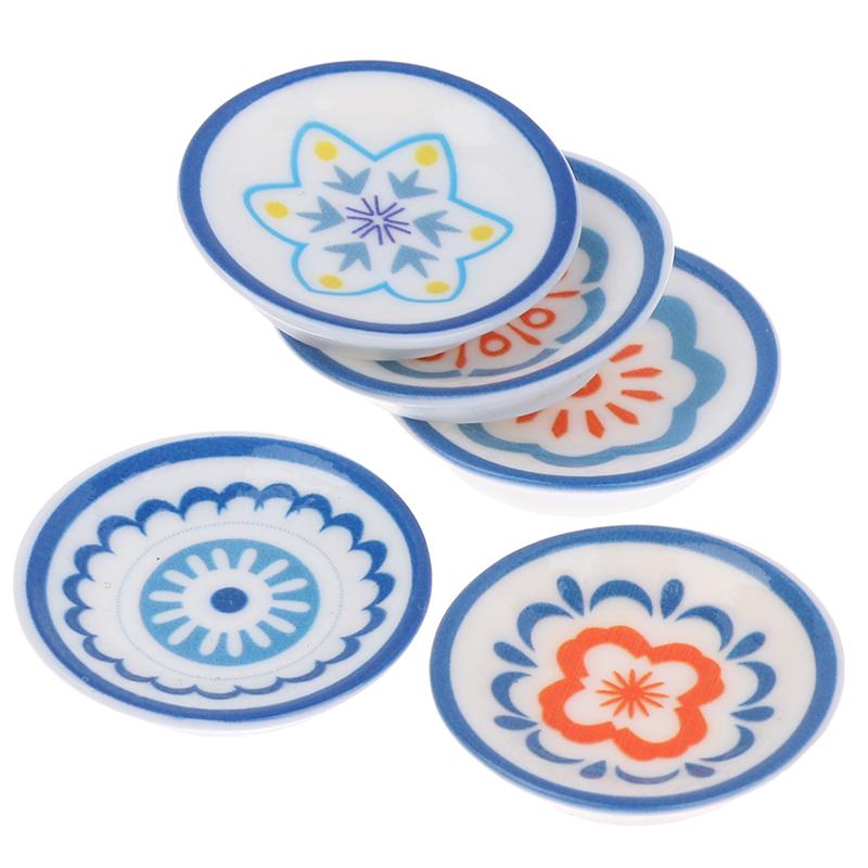 5Pcs 1:12 Dollhouse Simulation Blue White Porcelain Plates Dollhouse Kitchen Decoration Dolls House Accessories Pretend Play Toy