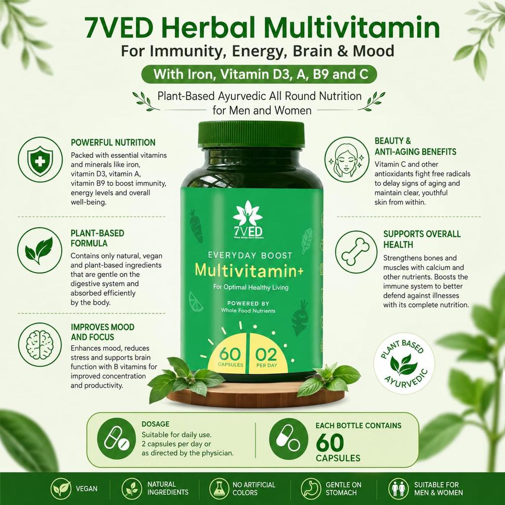 7VED Herbal Multivitamin for Immunity, Energy, Brain & Mood, With Iron, Vitamin D3, A, B9 and C. Plant-Based Ayurvedic All Round Nutrition for Me