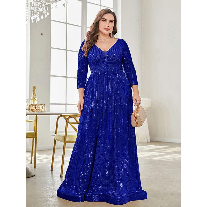 Cross-Border Amazon New Evening Dress Plus Size Sequined Long-Sleeved V-Neck Elegant Long Dress for Parties and Banquets