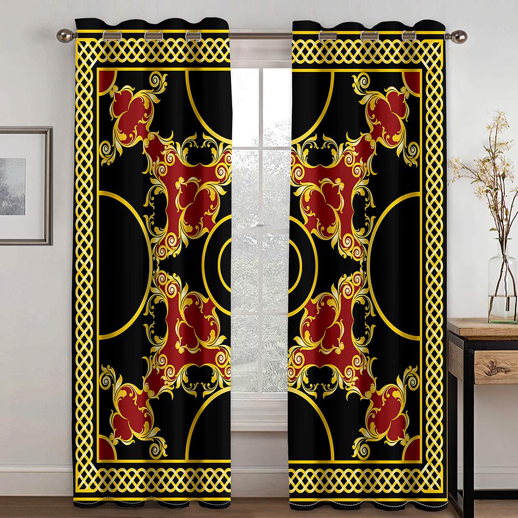 Luxurious Golden Geometric Curtains 2 Panel Grommet Top for Bedroom Living Room Kitchen Floor Window Drapes