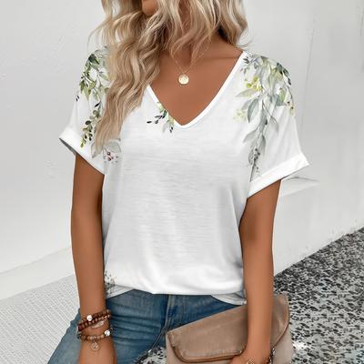 Letni Nowy T-shirt z Nadrukiem 3D Damski Top z Dekoltem w Serek Letni Codzienny Biały Wygodny T-shirt Uliczny z Krótkim Rękawem