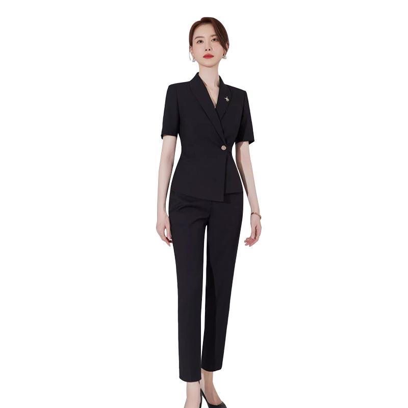 Women's 2023 Petite Summer Short Sleeve Black Suit Jacket - Professional Workwear Set