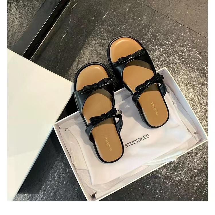 Fashion Summer Women Elegant Bow Square Toe Open Toe Low Heel Sandals Slip on Soft-soled Casual Simple Beach Slippers Sandalias Mujer