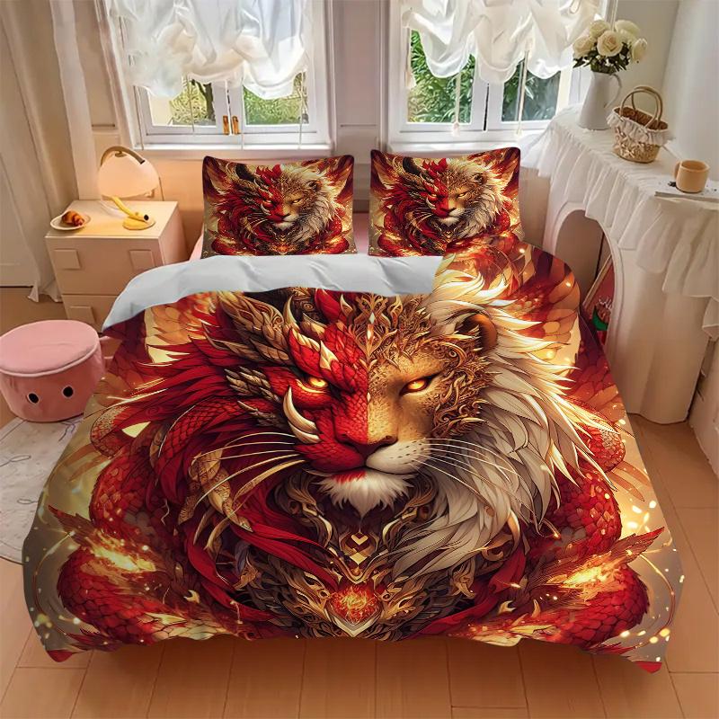 3pcs Golden Lion of Fire Bedding Set, Including 1 Quilt Cover and 2 Pillow Shams, Without Filling,