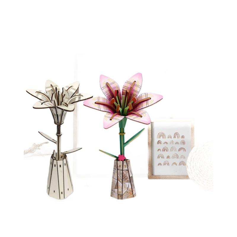 Wacocetoy Cross-Border Lily Puzzle 3D Wooden Toy 2-In-1 Set Diy Coloring Handmade Puzzle