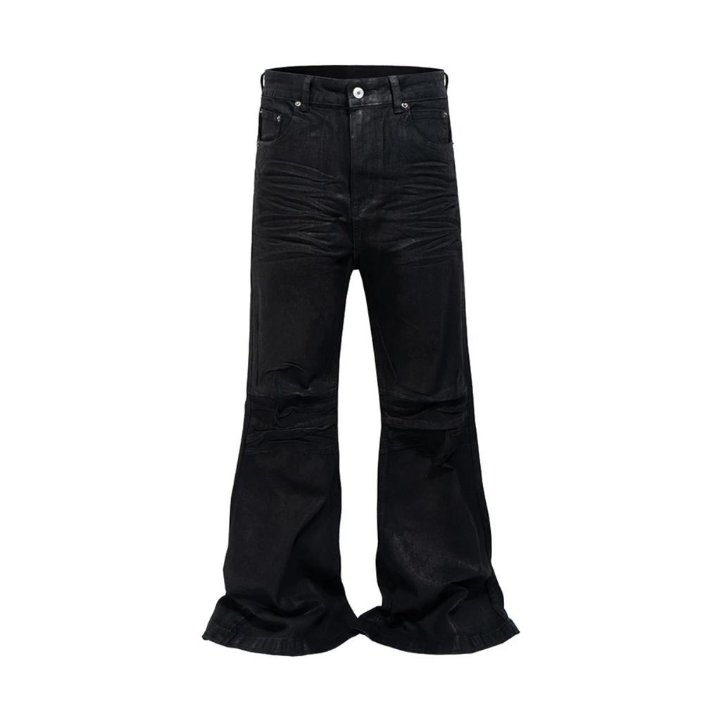 RogueWave Streetwear Schwarz Kleebeschichtete Bootcut für Männer und Frauen Gerade Baggy Lässige Schlaghose Übergröße Locker Denimhose