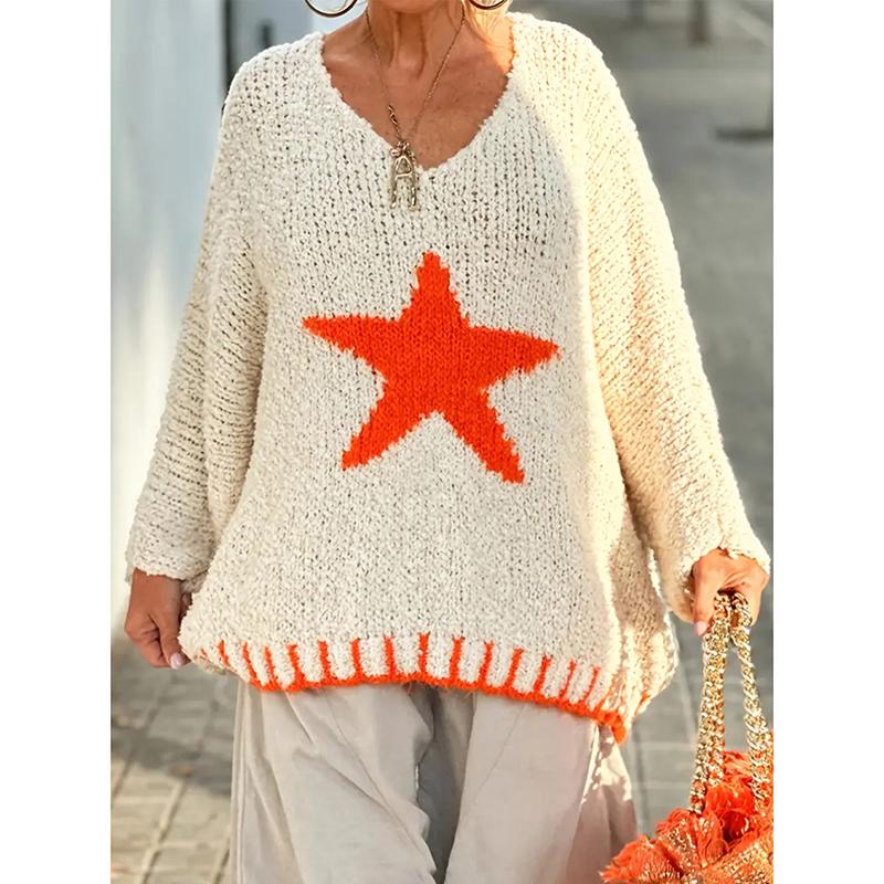 Women's Autumn Sweaters Casual Loose Star Pattern Women's Sweater Casual Loose Loop Yarn V-Neck Knitted Sweater Pullover