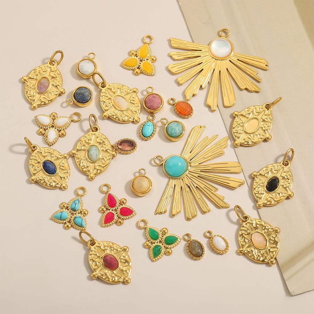 CARLIDANA Stainless Steel Multi-Color Natural Stone Jewelry Charm Fan Round Pendant for DIY Necklace Earrings Accessories