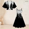 Women Plus Size Two Piece Dress Set Batwing Sleeve Cropped Shrug Strappy Printed Flared Dress Black Silver