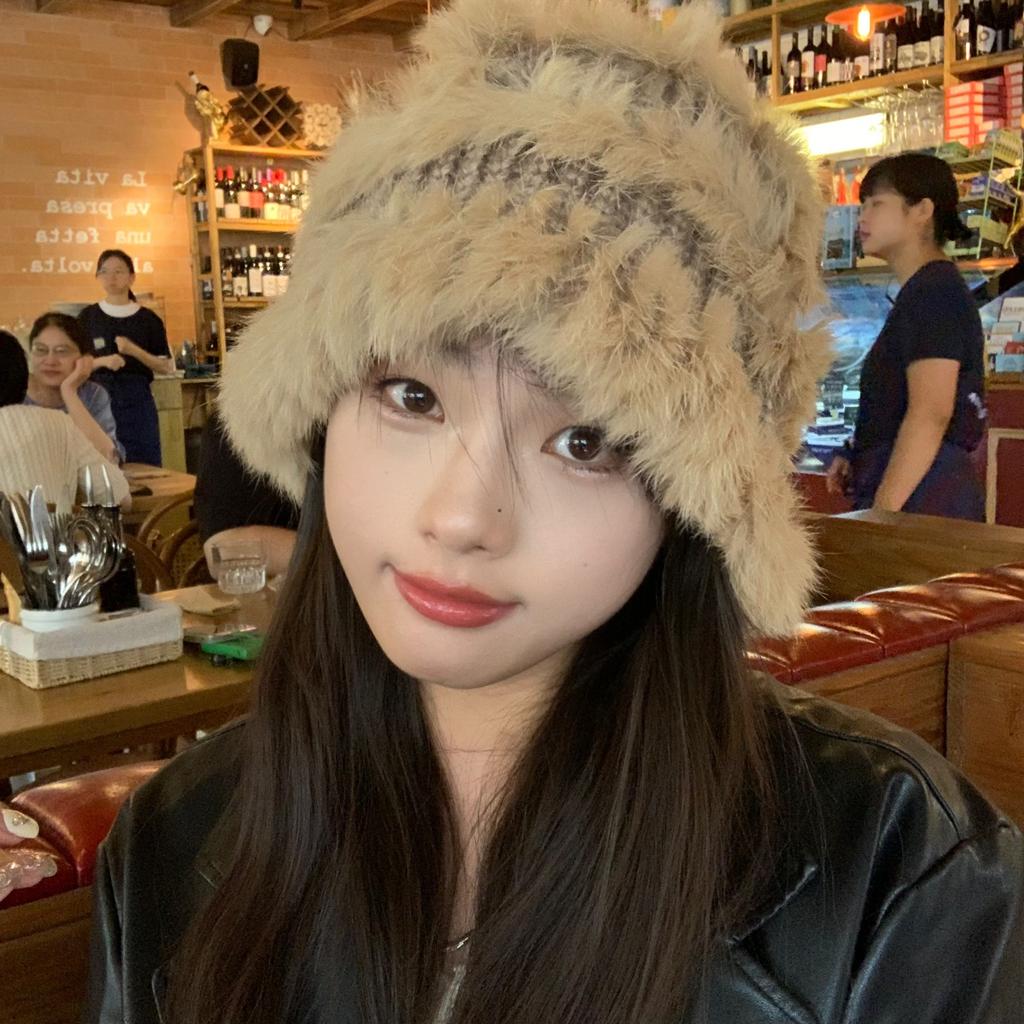 Rabbit Fur Knitted Woolen Hat for Women In Winter Cute Face Showing Small Warm Hat  Thickened Ear Protection Hat  Plush Bucket Hat