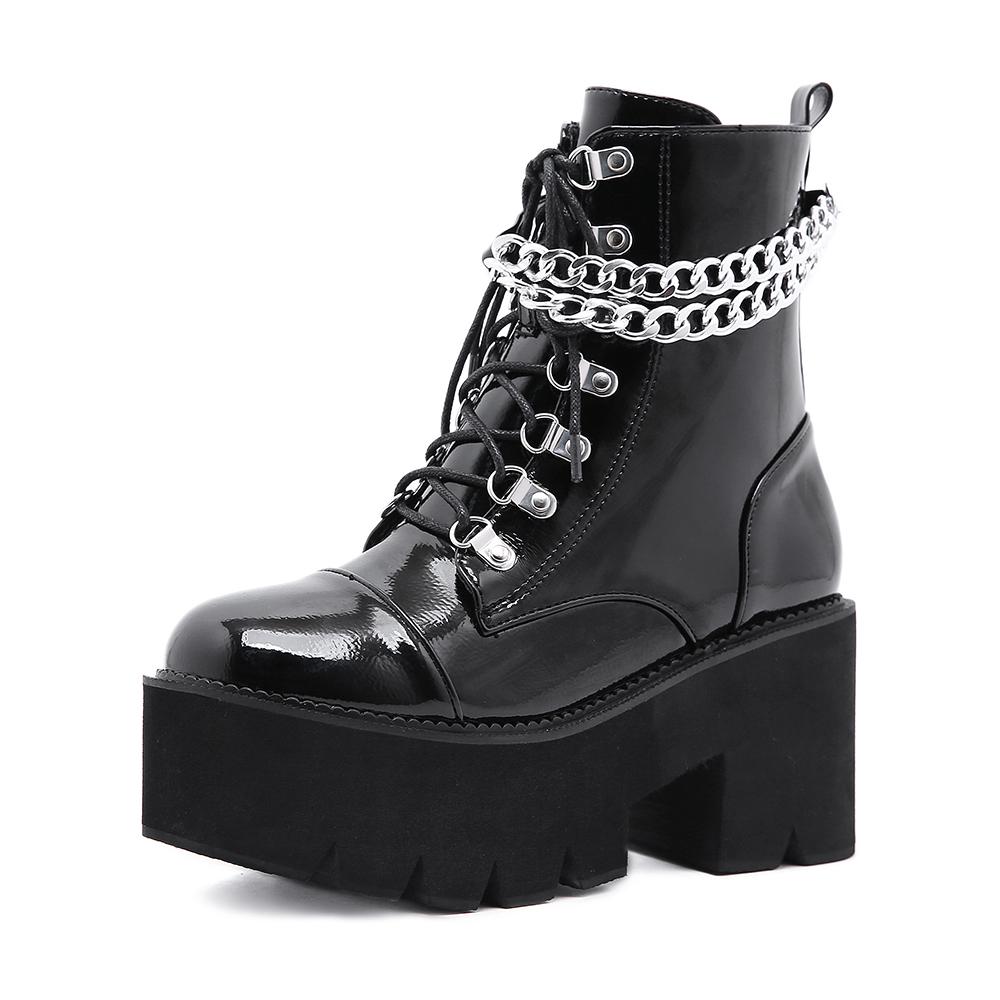 Gothic Black Boots for Women Sexy Chain Chunky Heel Platform Boots Female Punk Style Ankle Boots Zipper