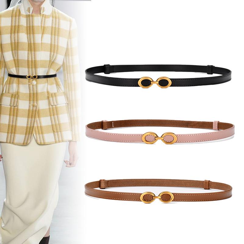 Genuine Leather Thin Belt Fashionable Simple Decorative Dress Cowhide Thin Belt with Suit Waist-hugging Black Belt for Women