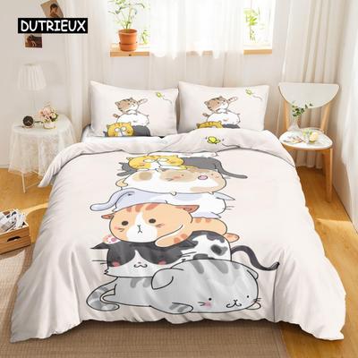 Juego de funda nórdica con diseño de gato, con dibujos animados de diferentes colores, ropa de cama de poliéster, tamaño doble, queen y king.