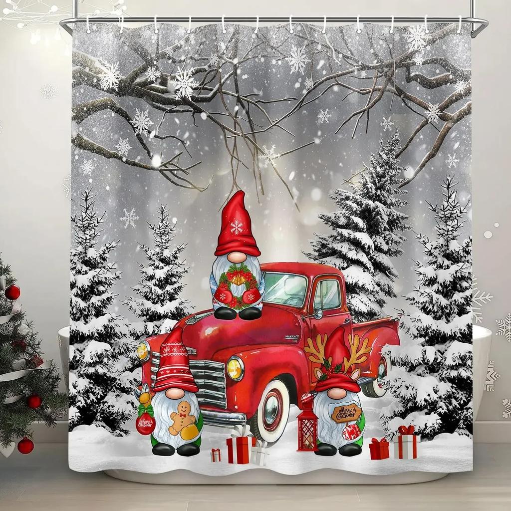 Theme Shower Truck Christmas Tree Gift Deer Red Bird Pinecone Snow Scene Baths Curtain Bathroom DecorXT6