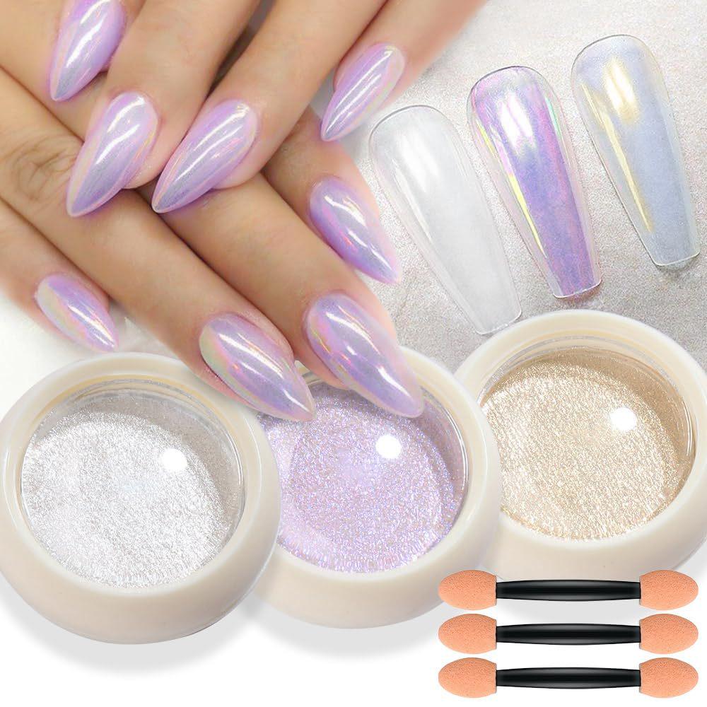 

Aurora Nail Powder Set: 3 Colors - Ice, Transparent, and Magic Mirror Glitter with Brush