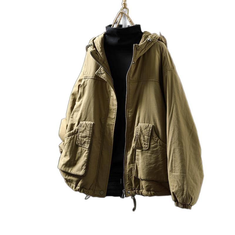 Women's Retro Casual Quilted Cotton Jacket with Hood, Large Pockets, Lightweight, Loose Fit, Plus Size, Winter Warm Outerwear.