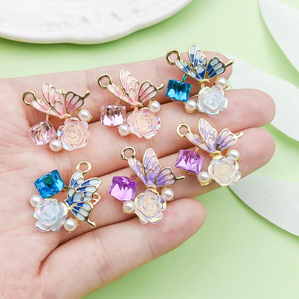Mixed 6-Color Oil Drip Rhinestone Butterfly Flower Pendant Charm for DIY Jewelry