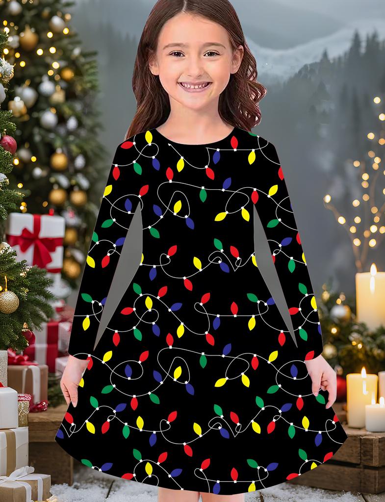 Girls' Autumn and Winter Fashion Dress, 3D Christmas Print  Round Neck Long Children's T-shirt Dress, Casual Versatile, Christmas Clothing