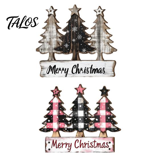 Vintage Pine Tree Pendants Distressed Wooden Christmas Hanging Pendant with 3 Design, Retro Natural Solid Wood Xmas Accents Merry Ornament for Holiday