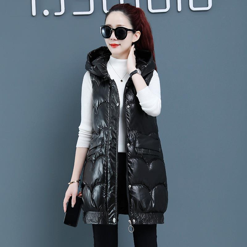 

Cotton-padded vest leave-in women s autumn and winter new medium and long vest glossy down cotton vest jacket M чёрный